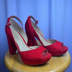 Sun + Stone Red Suede Peep-Toe Platform Block Heels Size 7.5 Retro Chunky 1970's